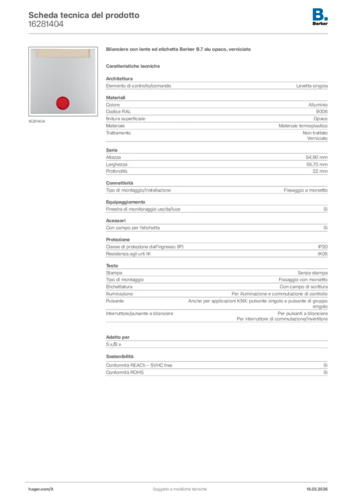 Immagine Berker Scheda tecnica del prodotto 16281404 | Hager Italia