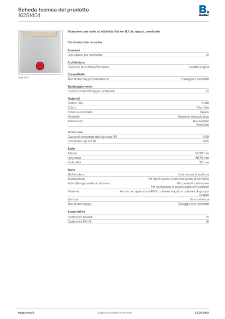 Immagine Berker Scheda tecnica del prodotto 16281404 | Hager Italia