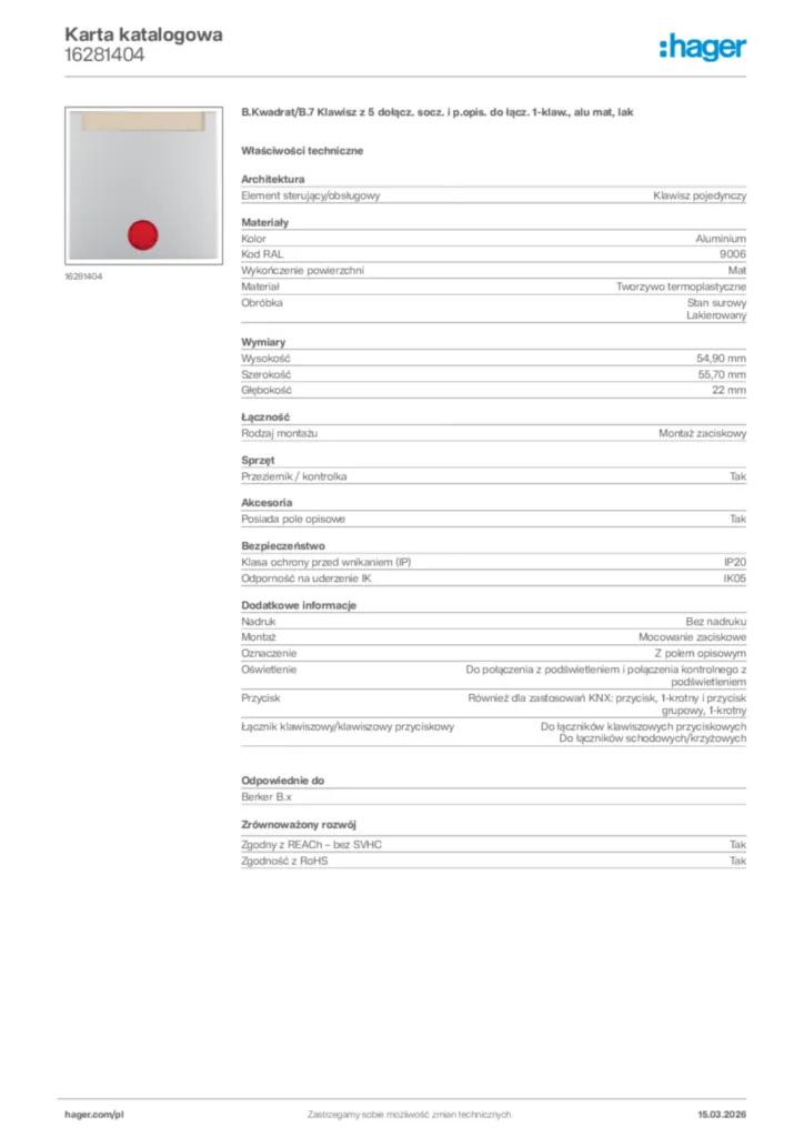 Zdjęcie Hager Karta katalogowa 16281404 | Hager Polska