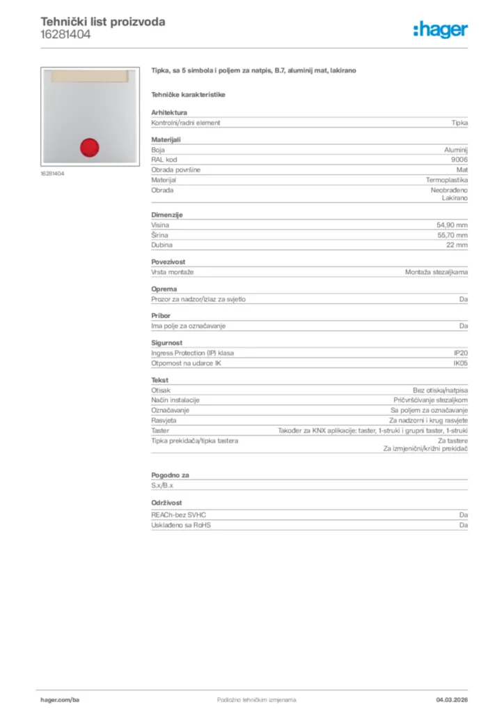 Slika Hager Tehnički list proizvoda 16281404  | Hager