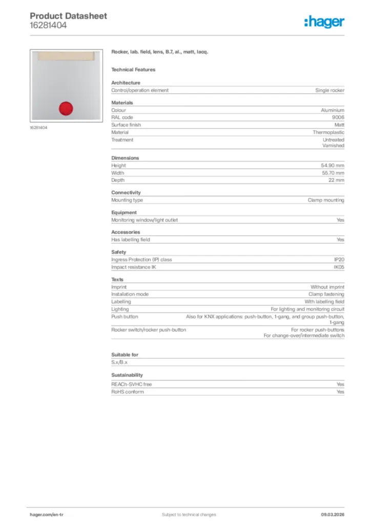 Image Hager Product data sheet 16281404  | Hager