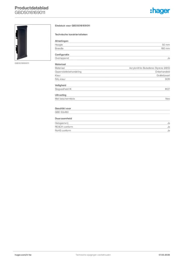 Afbeelding Hager Productdatablad GBD5016169011 | Hager Belgium