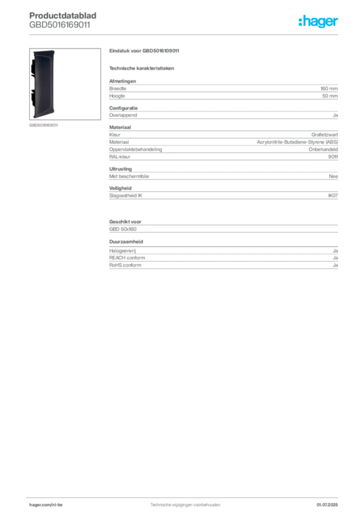 Afbeelding Hager Productdatablad GBD5016169011 | Hager Belgium
