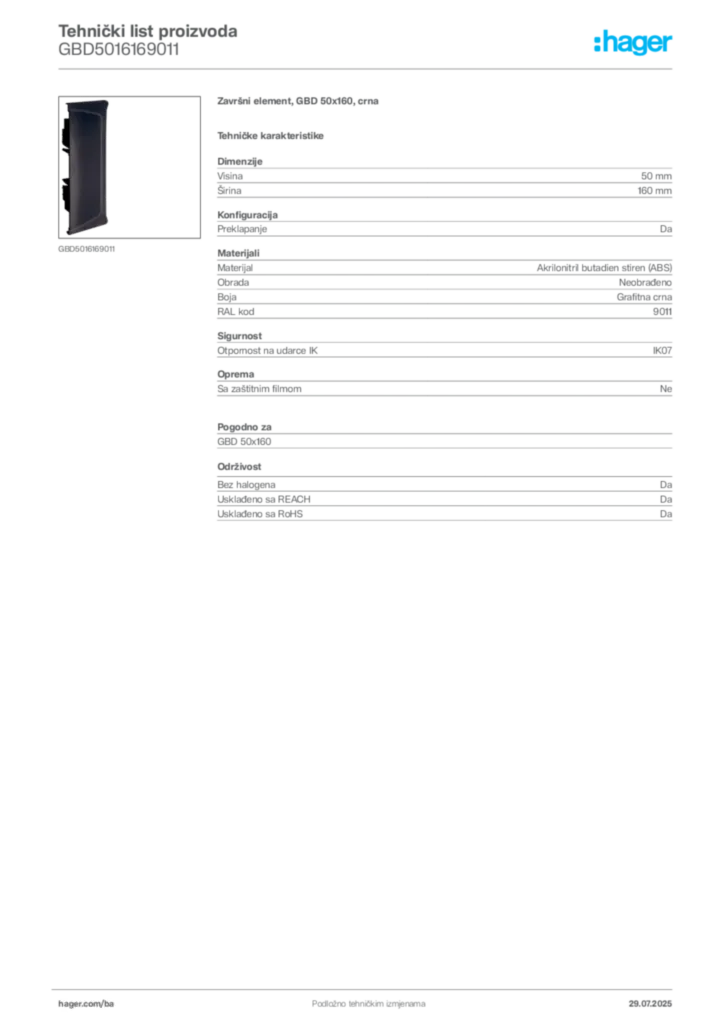 Slika Hager Product data sheet GBD5016169011  | Hager