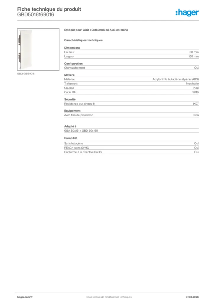 Image Hager Fiche technique du produit GBD5016169016 | Hager France