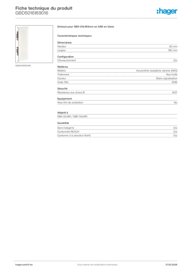Image Hager Fiche technique du produit GBD5016169016 | Hager Belgique
