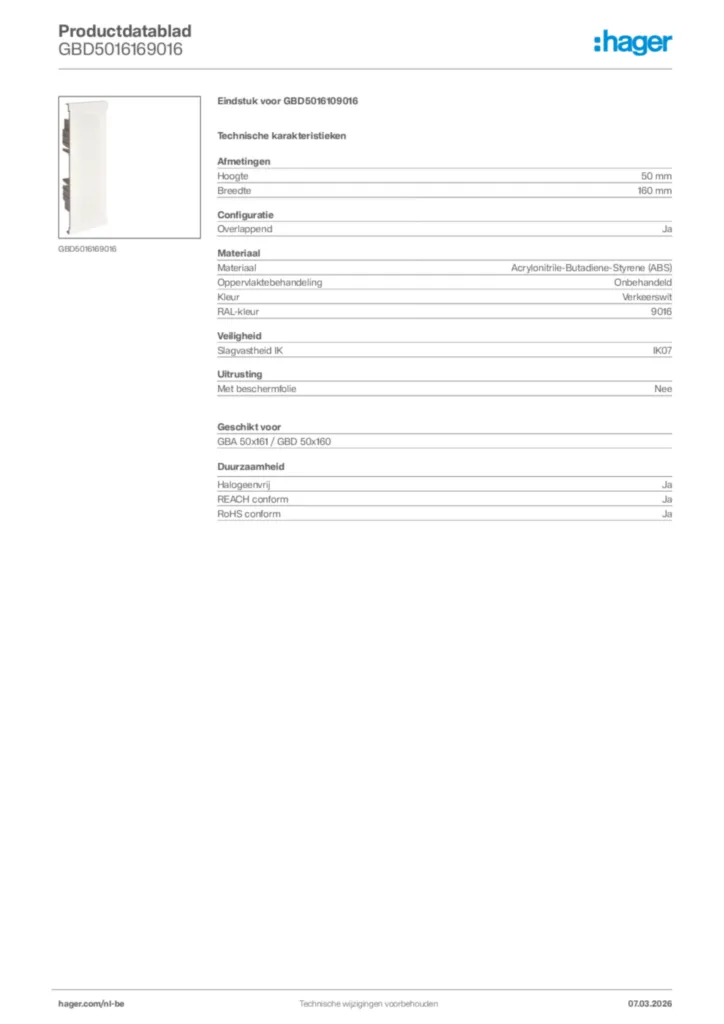 Afbeelding Hager Productdatablad GBD5016169016 | Hager Belgium