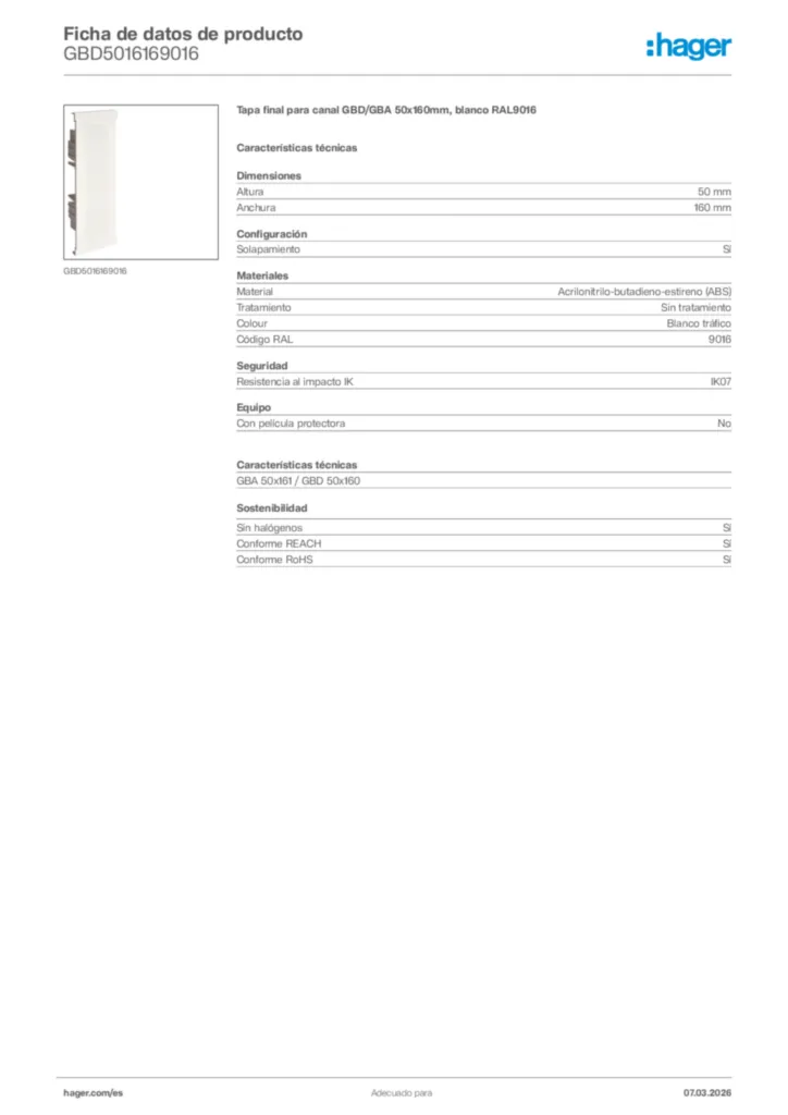 Imagen Hager Ficha de datos de producto GBD5016169016 | Hager España