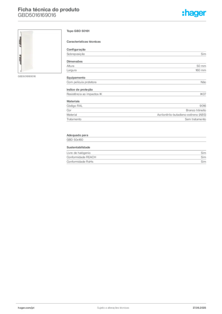 Imagem Hager Ficha técnica do produto GBD5016169016 | Hager Portugal