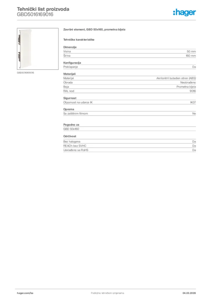 Slika Hager Tehnički list proizvoda GBD5016169016  | Hager
