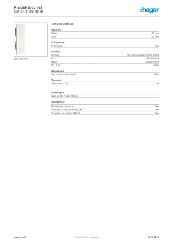 Obrázek Hager Product data sheet GBD5016169016 | Hager