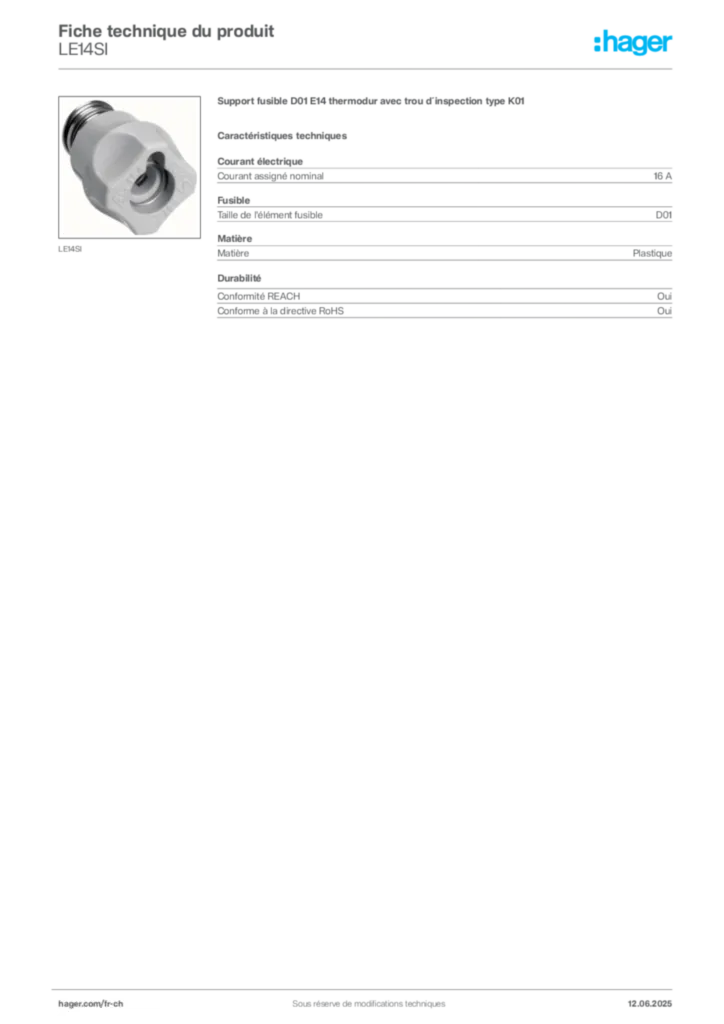 Image Hager Fiche technique du produit LE14SI | Hager Suisse