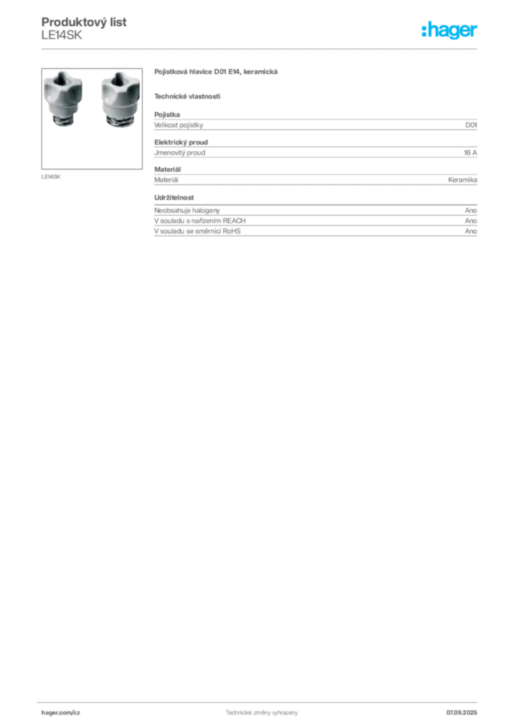 Obrázek Hager Produktový list LE14SK | Hager
