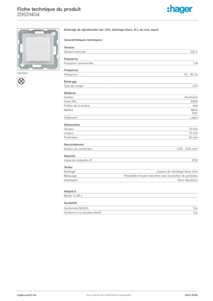 Image Hager Fiche technique du produit 29531404 | Hager Belgique