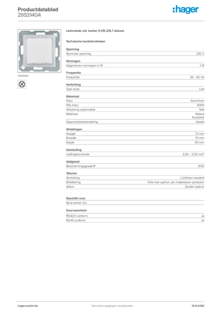 Afbeelding Hager Productdatablad 29531404 | Hager Belgium