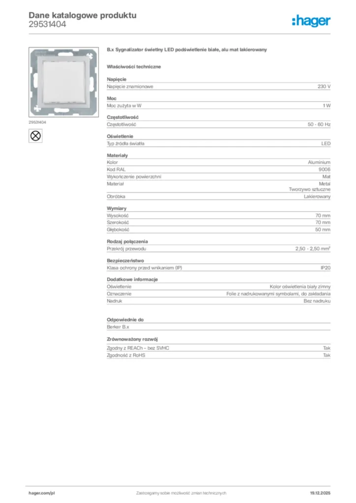 Zdjęcie Hager Karta katalogowa 29531404 | Hager Polska