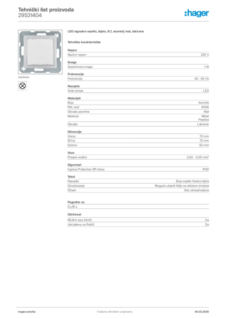 Slika Hager Tehnički list proizvoda 29531404  | Hager