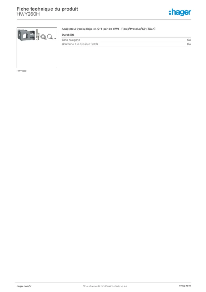 Image Hager Fiche technique du produit HWY260H | Hager France