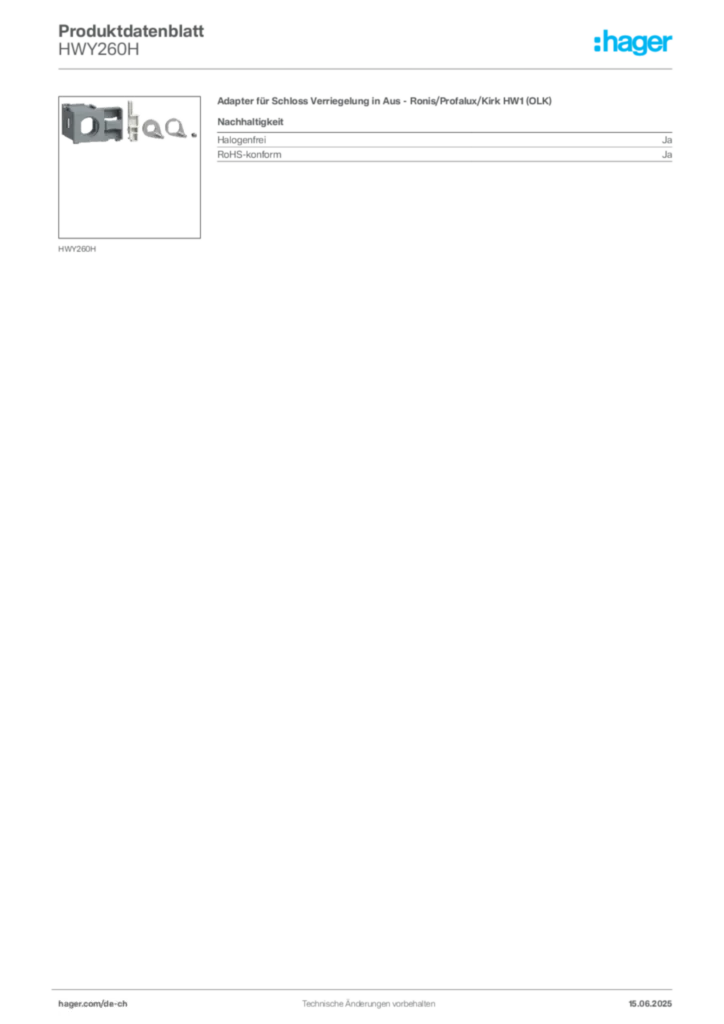 Bild Hager Produktdatenblatt HWY260H | Hager Schweiz