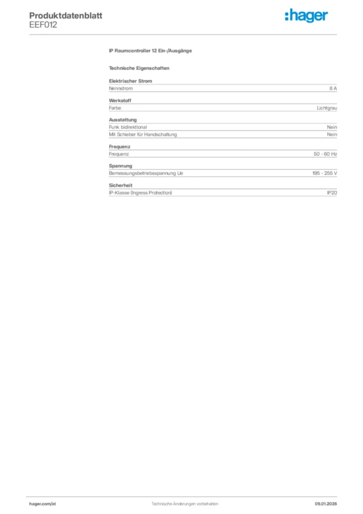 Bild Hager Produktdatenblatt EEF012 | Hager Deutschland