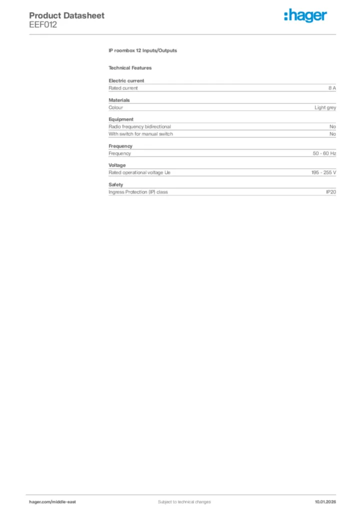 Image Hager Product data sheet EEF012  | Hager
