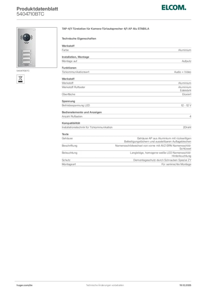 Bild Elcom Produktdatenblatt 5404710BTC | Hager Deutschland