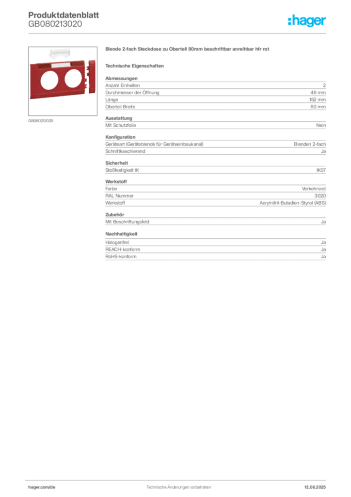Bild Hager Produktdatenblatt GB080213020 | Hager Deutschland