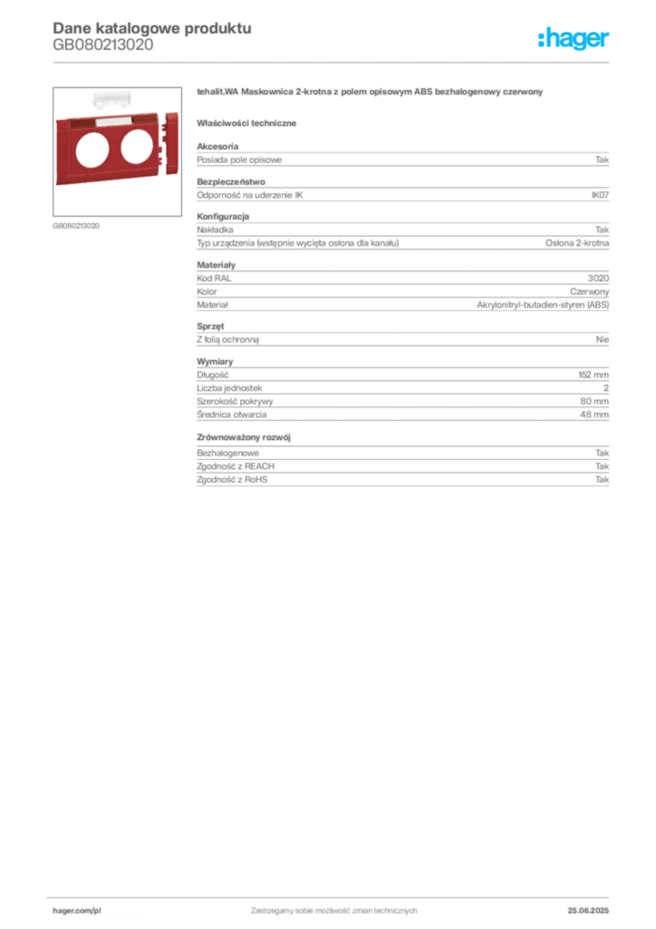 Zdjęcie Hager Karta katalogowa GB080213020 | Hager Polska