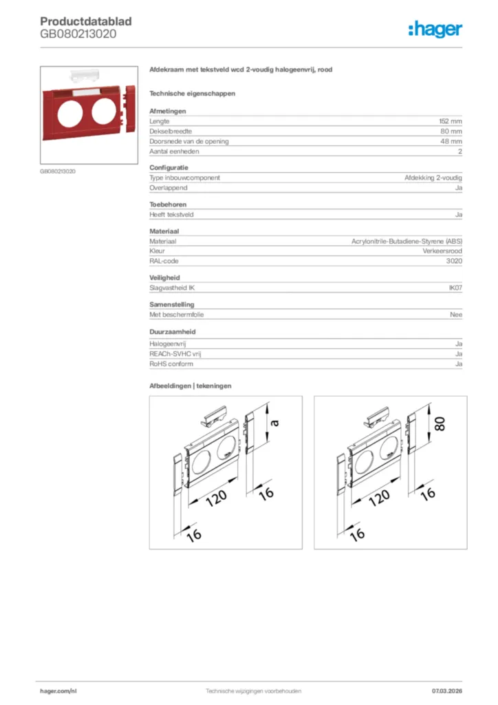 Afbeelding Hager Productdatablad GB080213020 | Hager Nederland