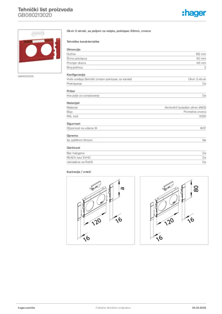 Slika Hager Tehnički list proizvoda GB080213020  | Hager