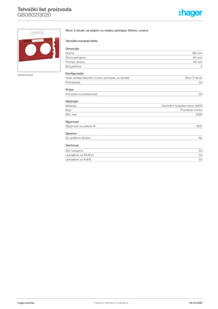 Slika Hager Product data sheet GB080213020  | Hager