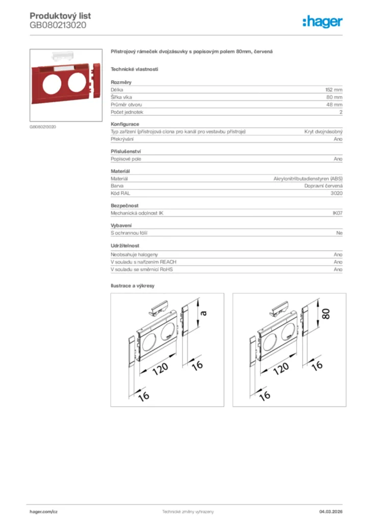 Obrázek Hager Product data sheet GB080213020 | Hager