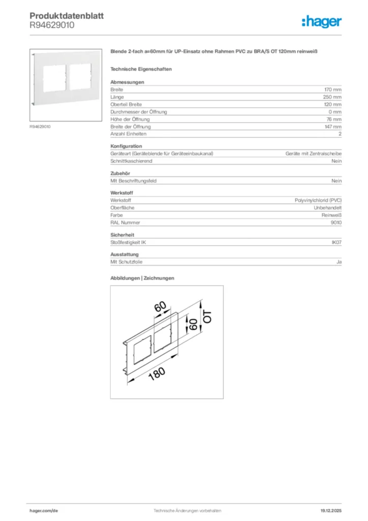 Bild Hager Produktdatenblatt R94629010 | Hager Deutschland