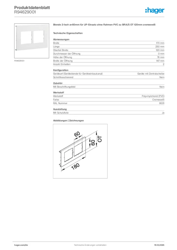 Bild Hager Produktdatenblatt R94629001 | Hager Deutschland