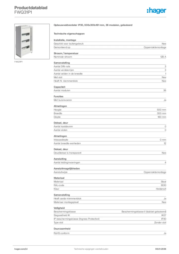 Afbeelding Hager Productdatablad FWQ31P1 | Hager Nederland