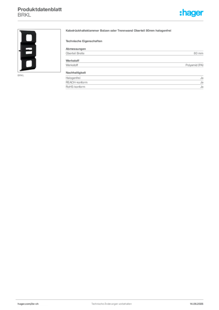 Bild Hager Produktdatenblatt BRKL | Hager Schweiz
