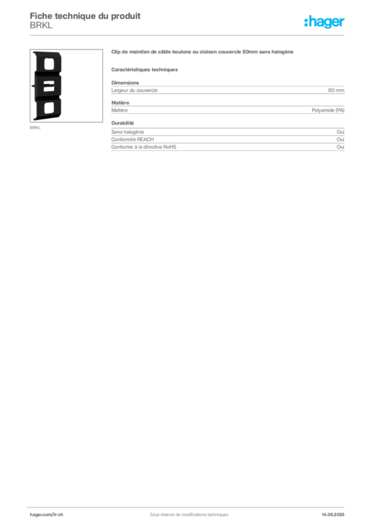 Image Hager Fiche technique du produit BRKL | Hager Suisse