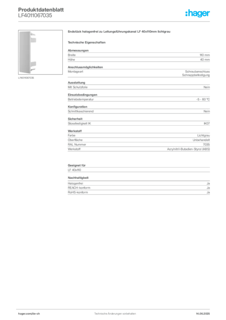 Bild Hager Produktdatenblatt LF4011067035 | Hager Schweiz