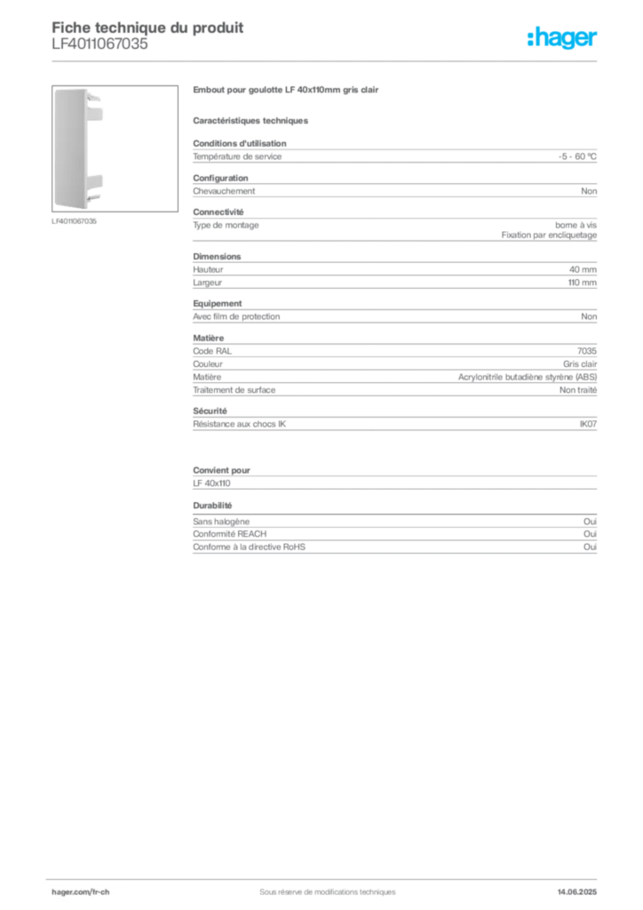 Image Hager Fiche technique du produit LF4011067035 | Hager Suisse
