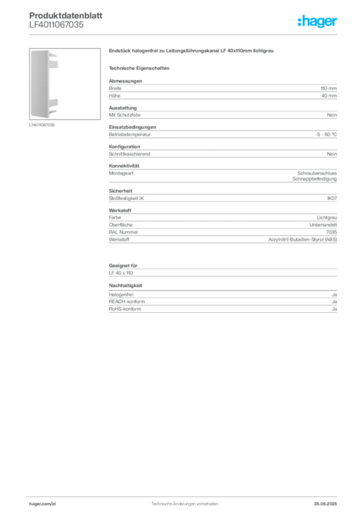 Bild Hager Produktdatenblatt LF4011067035 | Hager Deutschland