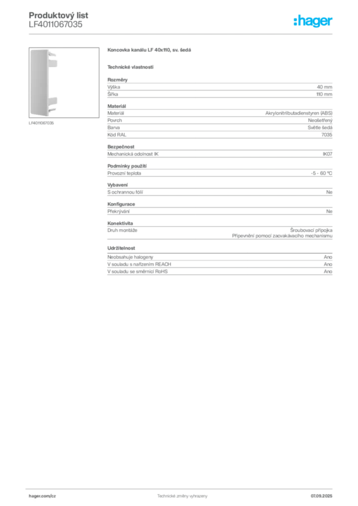 Obrázek Hager Produktový list LF4011067035 | Hager