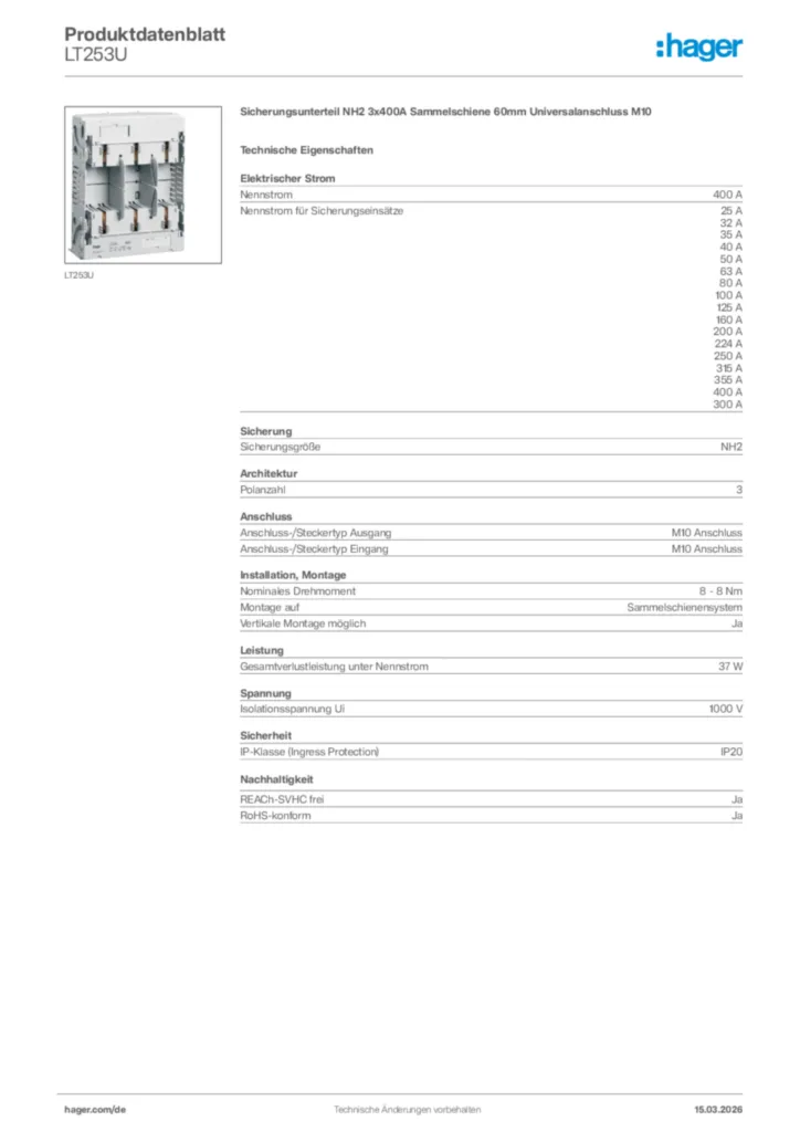 Bild Hager Produktdatenblatt LT253U | Hager Deutschland