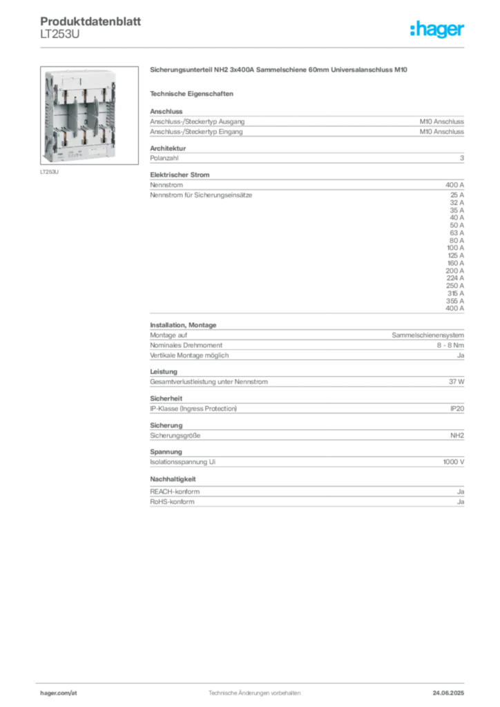 Bild Hager Produktdatenblatt LT253U | Hager Deutschland