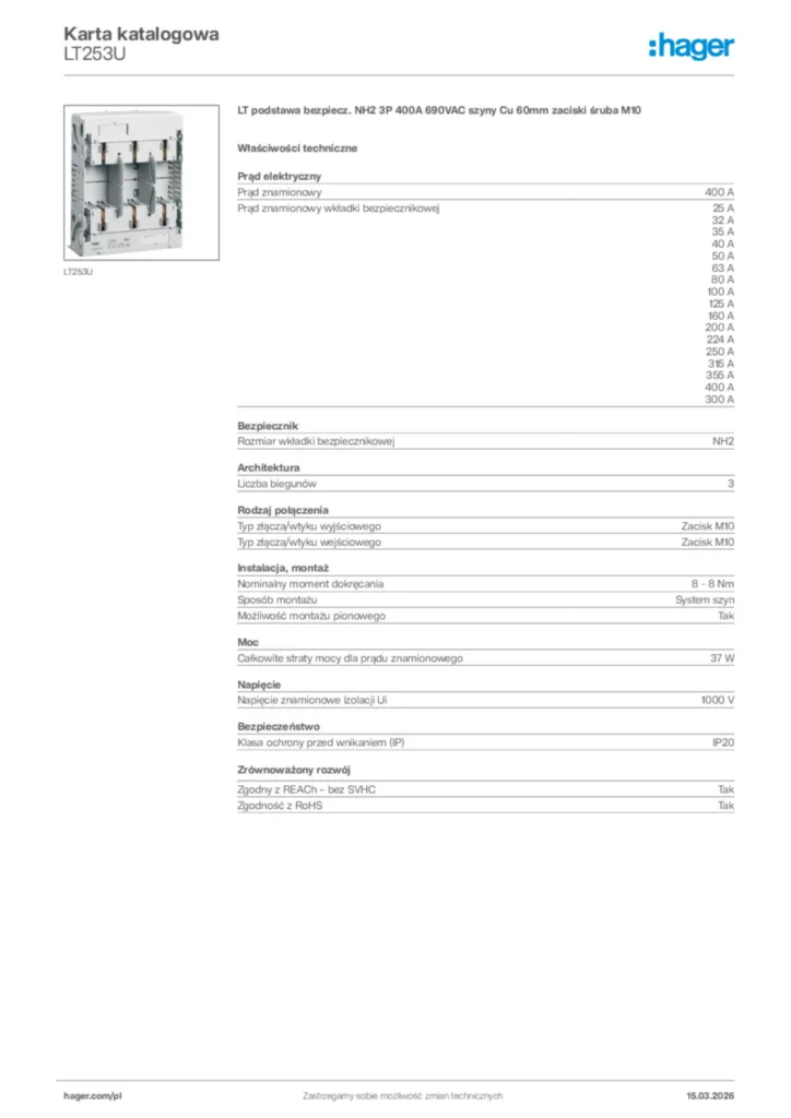Zdjęcie Hager Karta katalogowa LT253U | Hager Polska