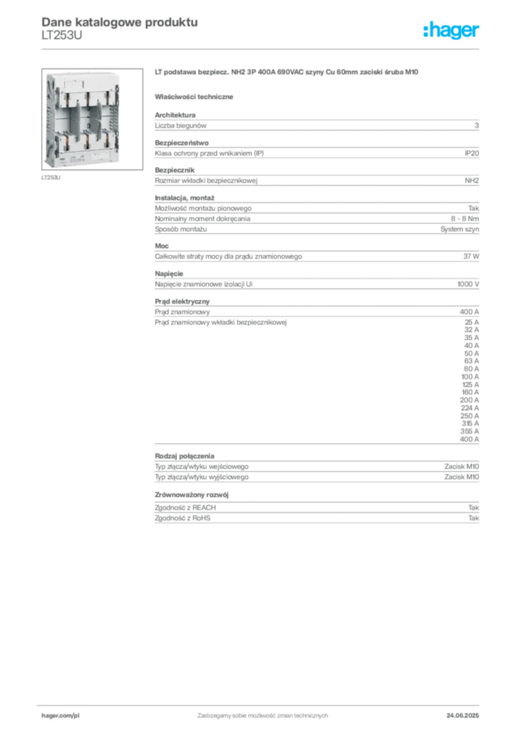 Zdjęcie Hager Karta katalogowa LT253U | Hager Polska
