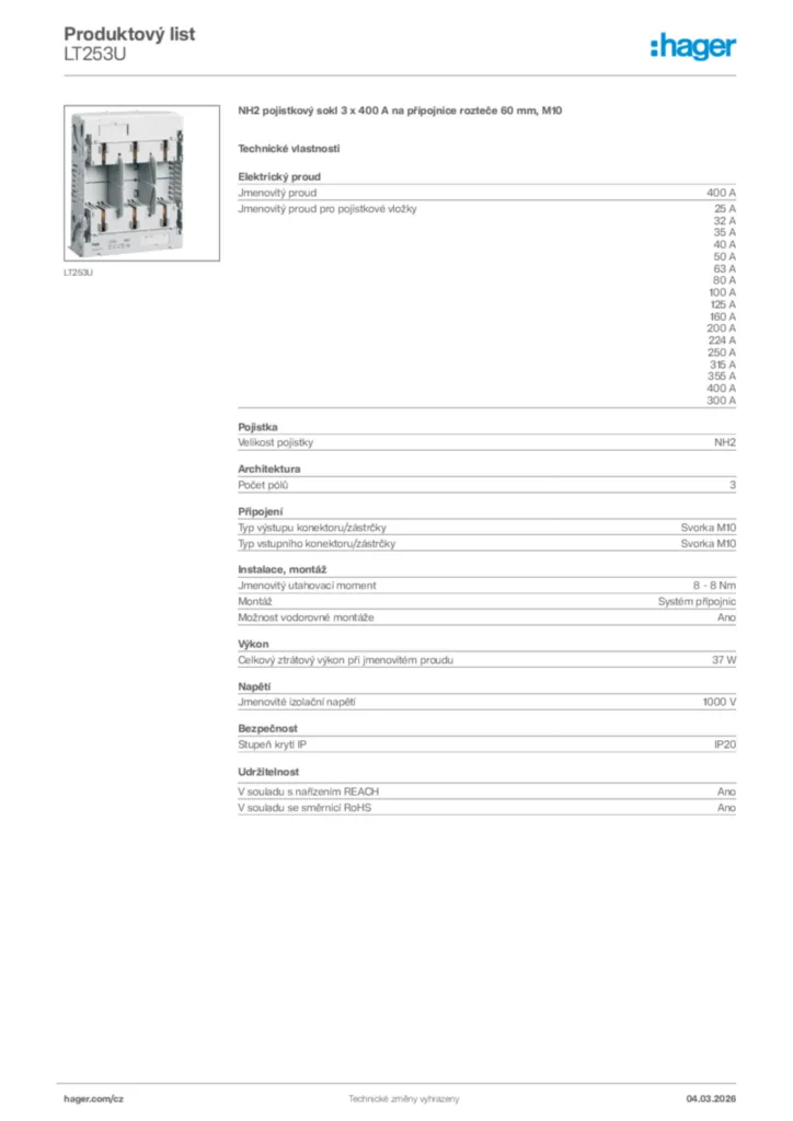 Obrázek Hager Product data sheet LT253U | Hager