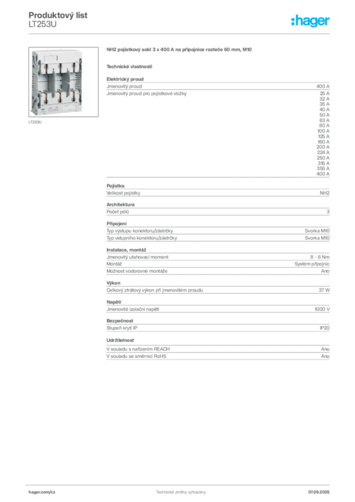 Obrázek Hager Produktový list LT253U | Hager