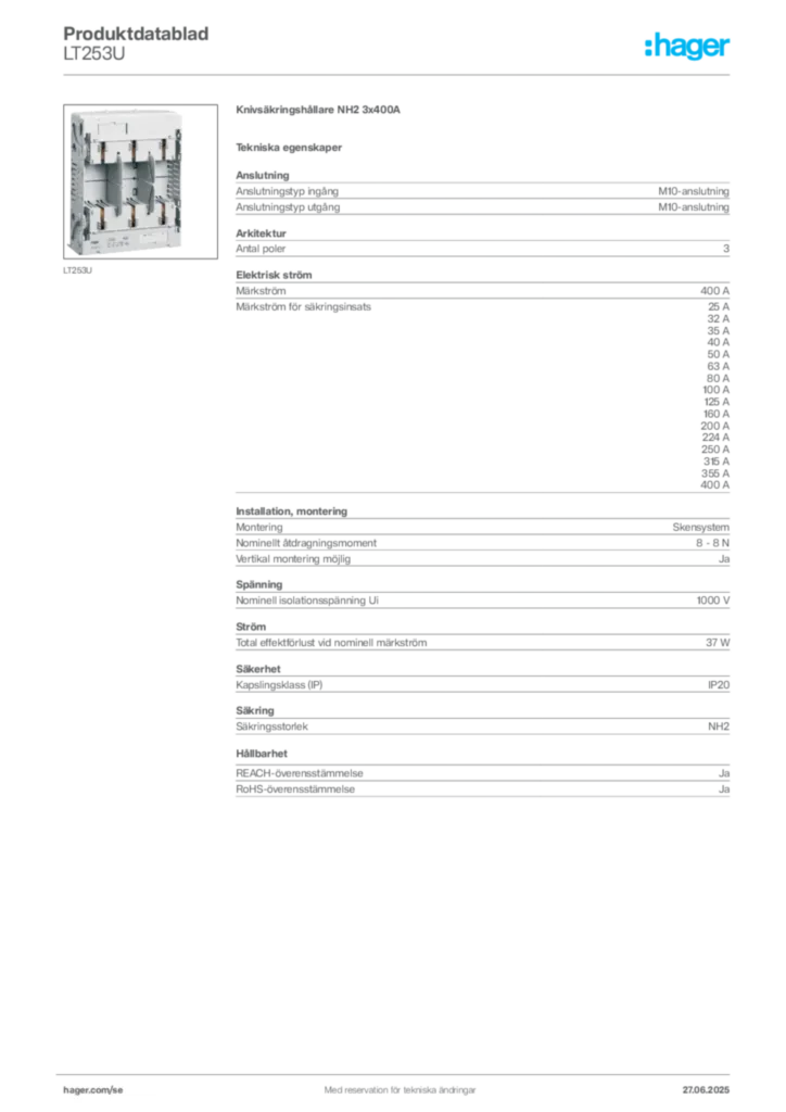 Bild Hager Produktdatablad LT253U | Hager Sverige