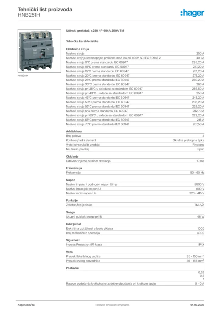 Slika Hager Tehnički list proizvoda HNB251H  | Hager