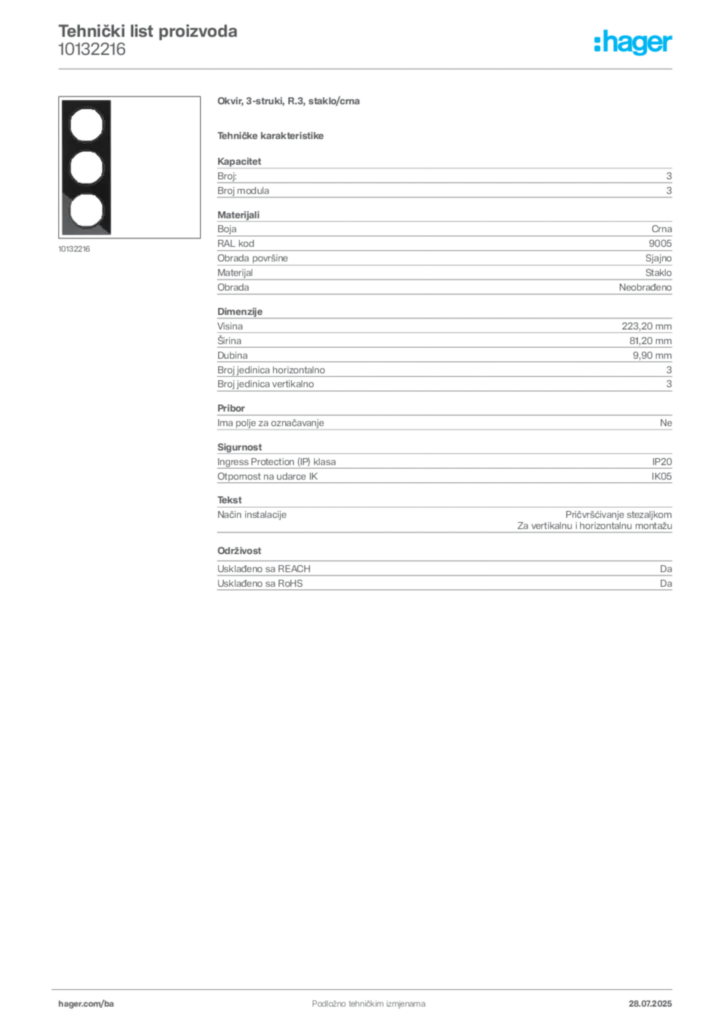 Slika Hager Product data sheet 10132216  | Hager